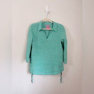 ISAAC MIZRAHI 100% Linen Green Popover Blouse Womens S Coastal Beachy Travel